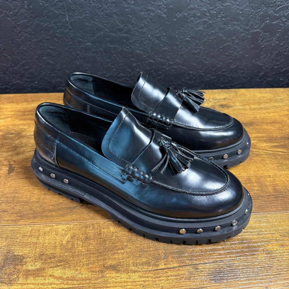Free People Teagan 0004451533 Black Leather Tassel Platform Loafer Womens 10